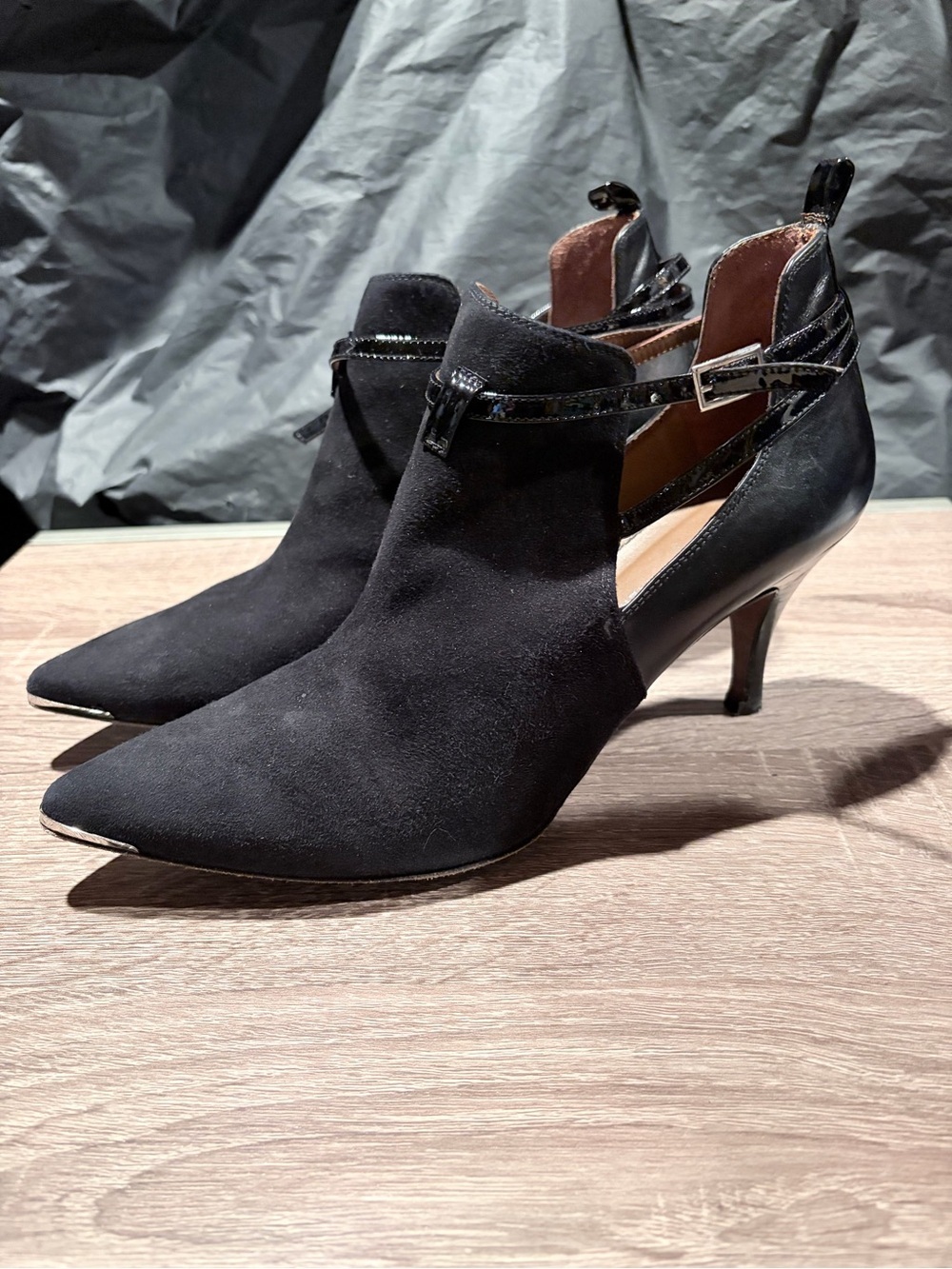 Donald J. Pliner Black Pointed Suede Ankle Strap Heels